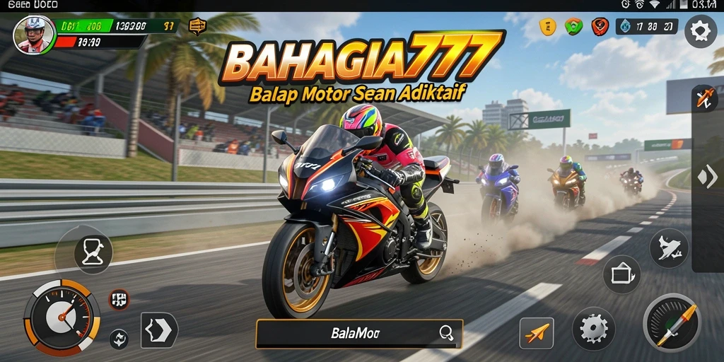 Tampilan utama BAHAGIA777 dengan antarmuka balap motor yang menarik.